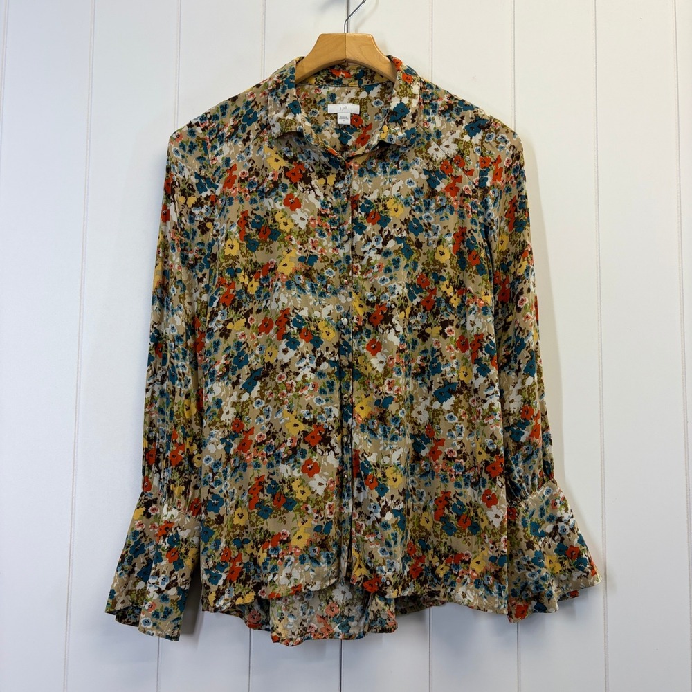 J Jill Boho Garden Floral Button Down Top Women Size S Cottage Prairie Classic